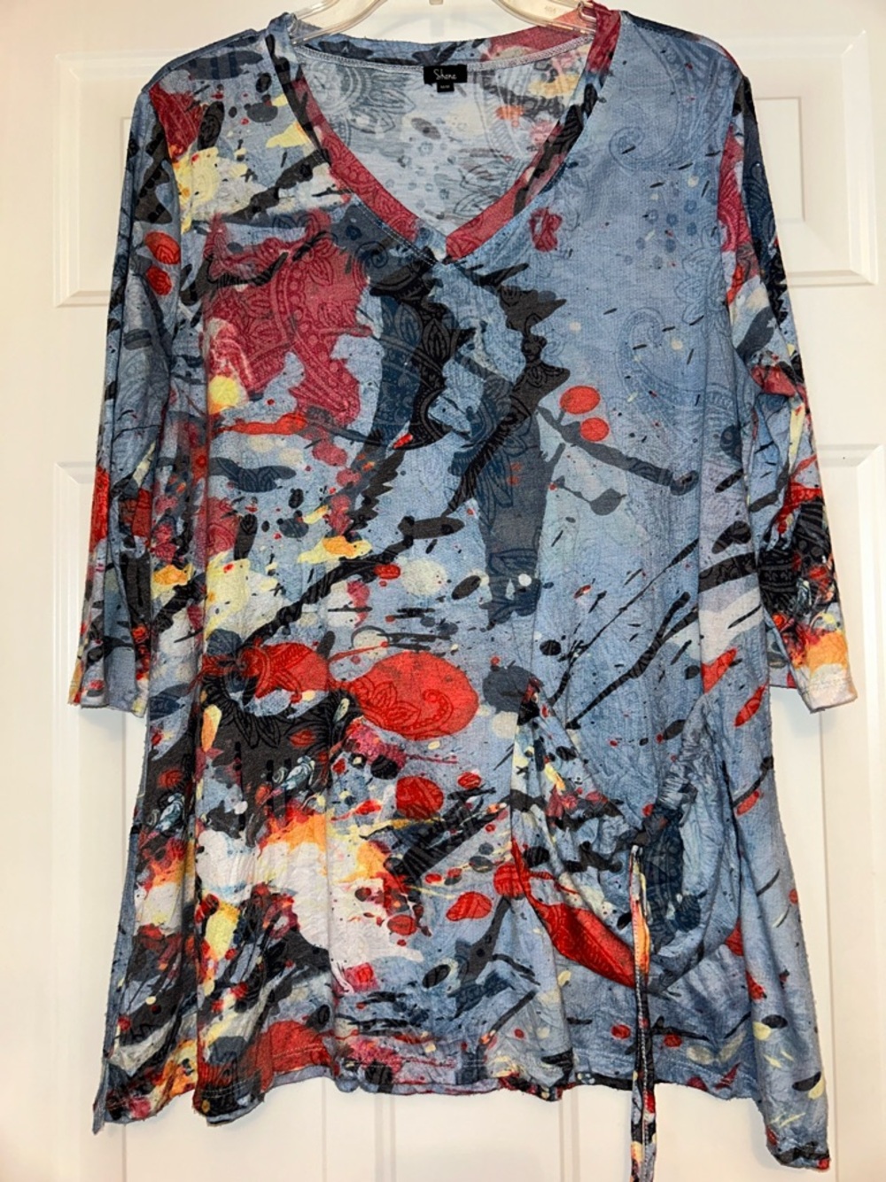Shana Pocket Tunic Top M Blue V-Neck Abstract Splash Pocket Colorful Artsy